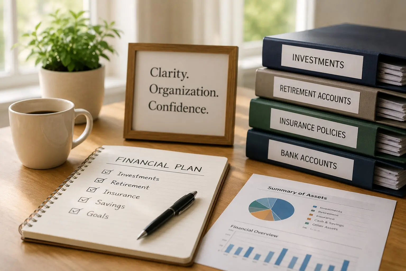 Organized financial documents, investment accounts, and retirement planning materials neatly arranged on a desk, symbolizing financial organization and clarity.