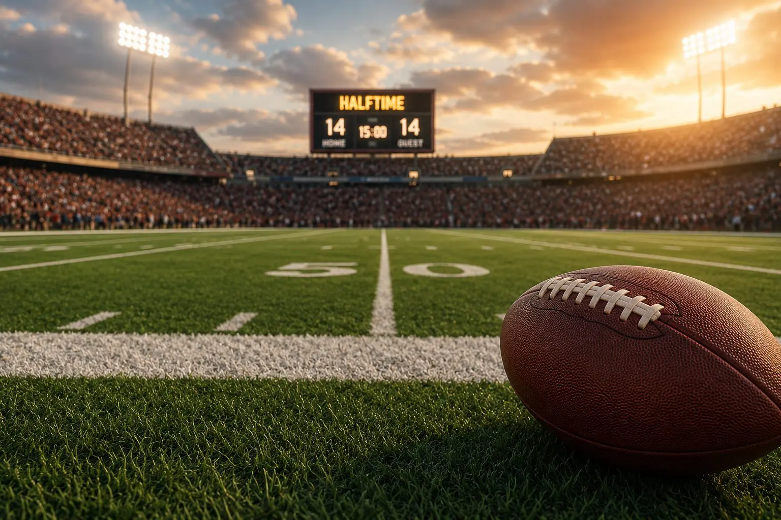 Football resting on the field at halftime in a packed stadium, symbolizing the importance of making strategic adjustments during changing conditions