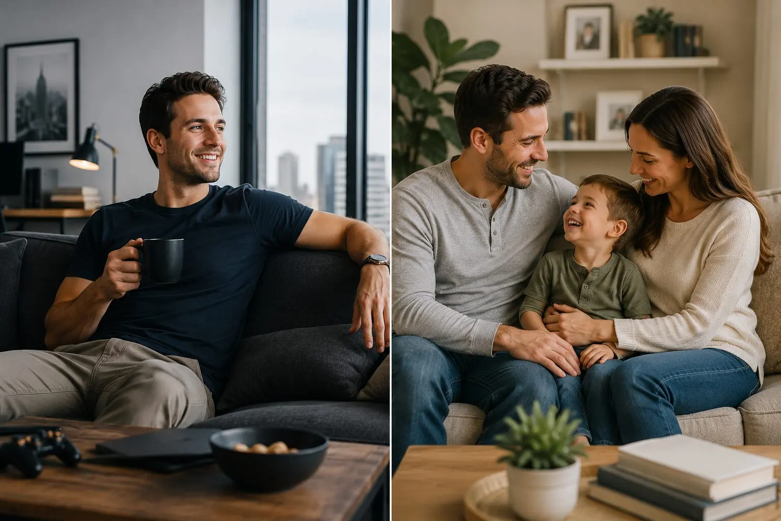 Side-by-side comparison of a man living as a bachelor on the left and the same man enjoying family life with his wife and young son on the right.