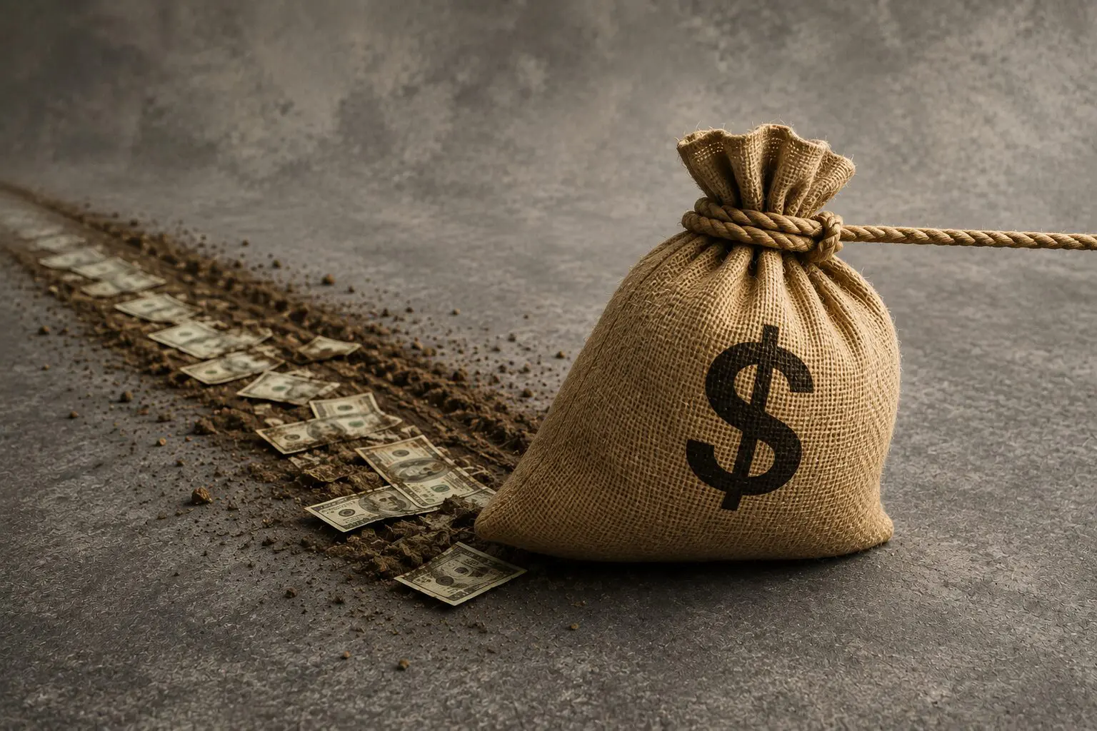 Burlap money sack with a dollar sign being dragged across the ground, leaving a trail of scattered bills behind.