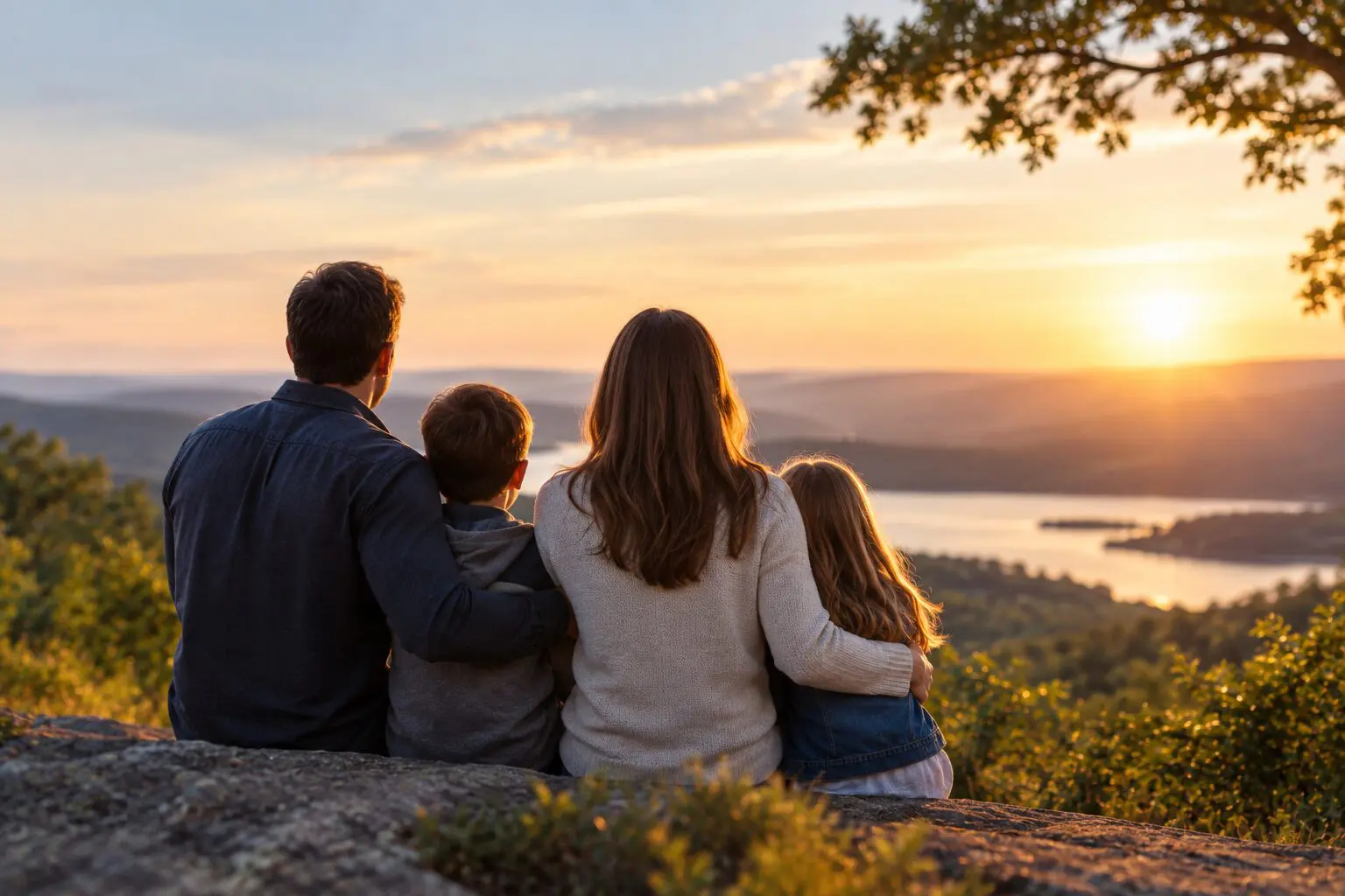 Family of four watching the sunset together, representing life insurance as financial protection for future generations.