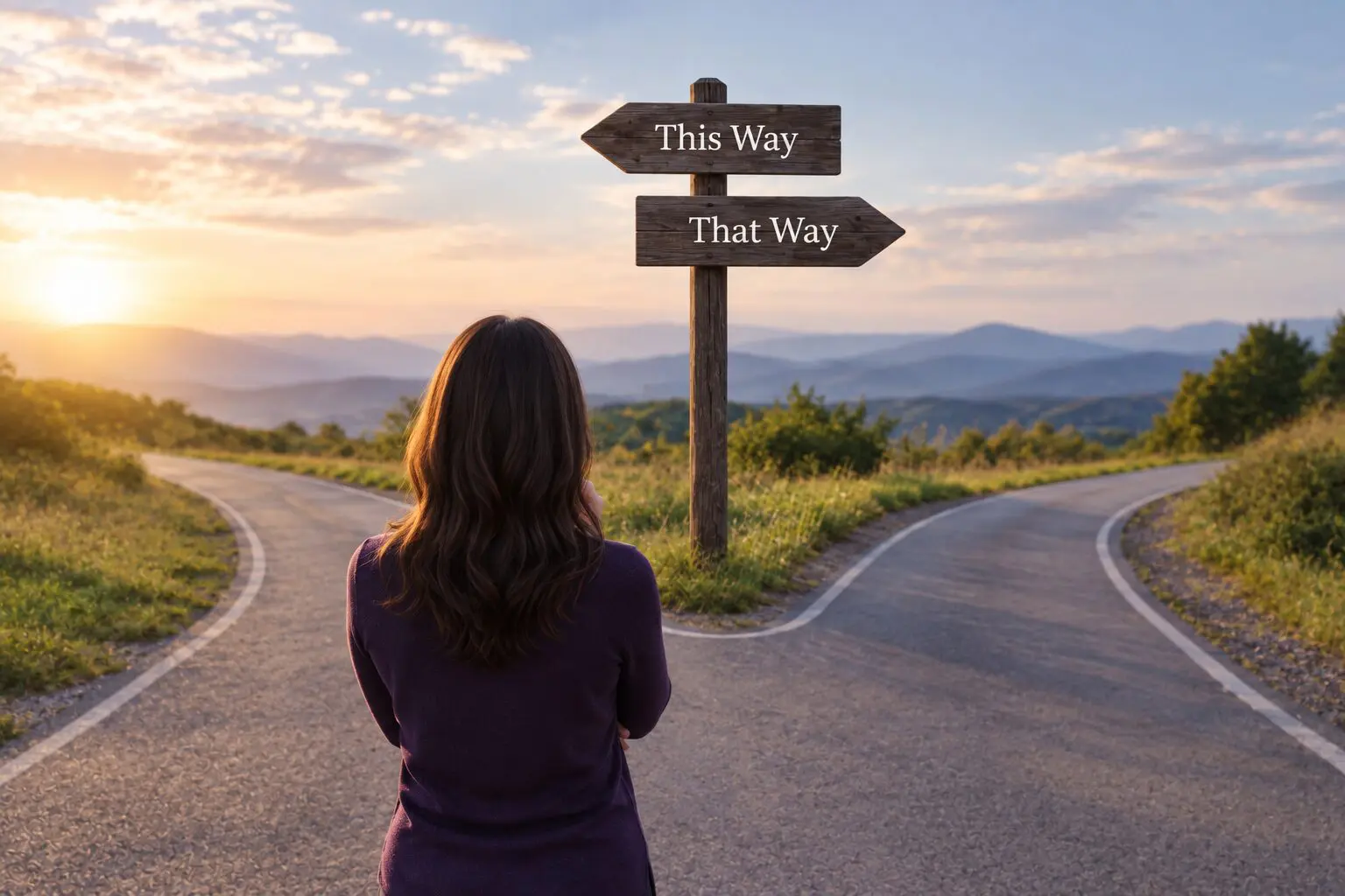 Person standing at a crossroads with signs pointing “This Way” and “That Way,” representing a financial decision.