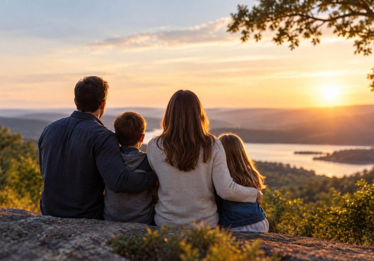 Family of four watching the sunset together, representing life insurance as financial protection for future generations.