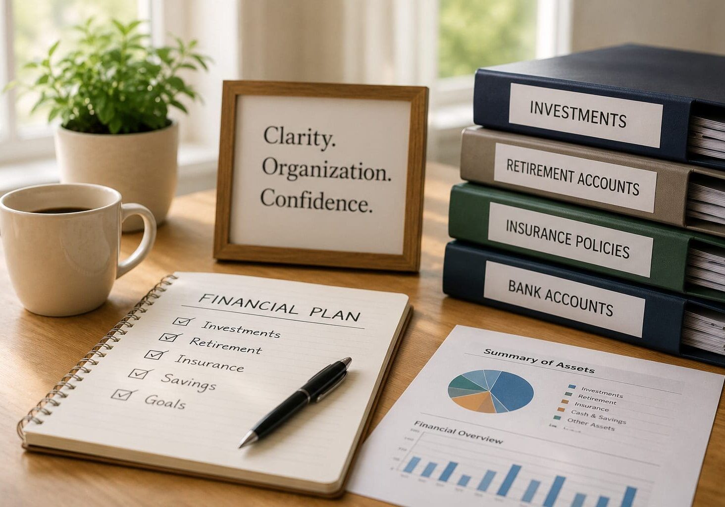 Organized financial documents, investment accounts, and retirement planning materials neatly arranged on a desk, symbolizing financial organization and clarity.