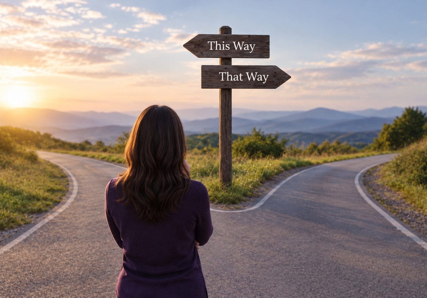 Person standing at a crossroads with signs pointing “This Way” and “That Way,” representing a financial decision.