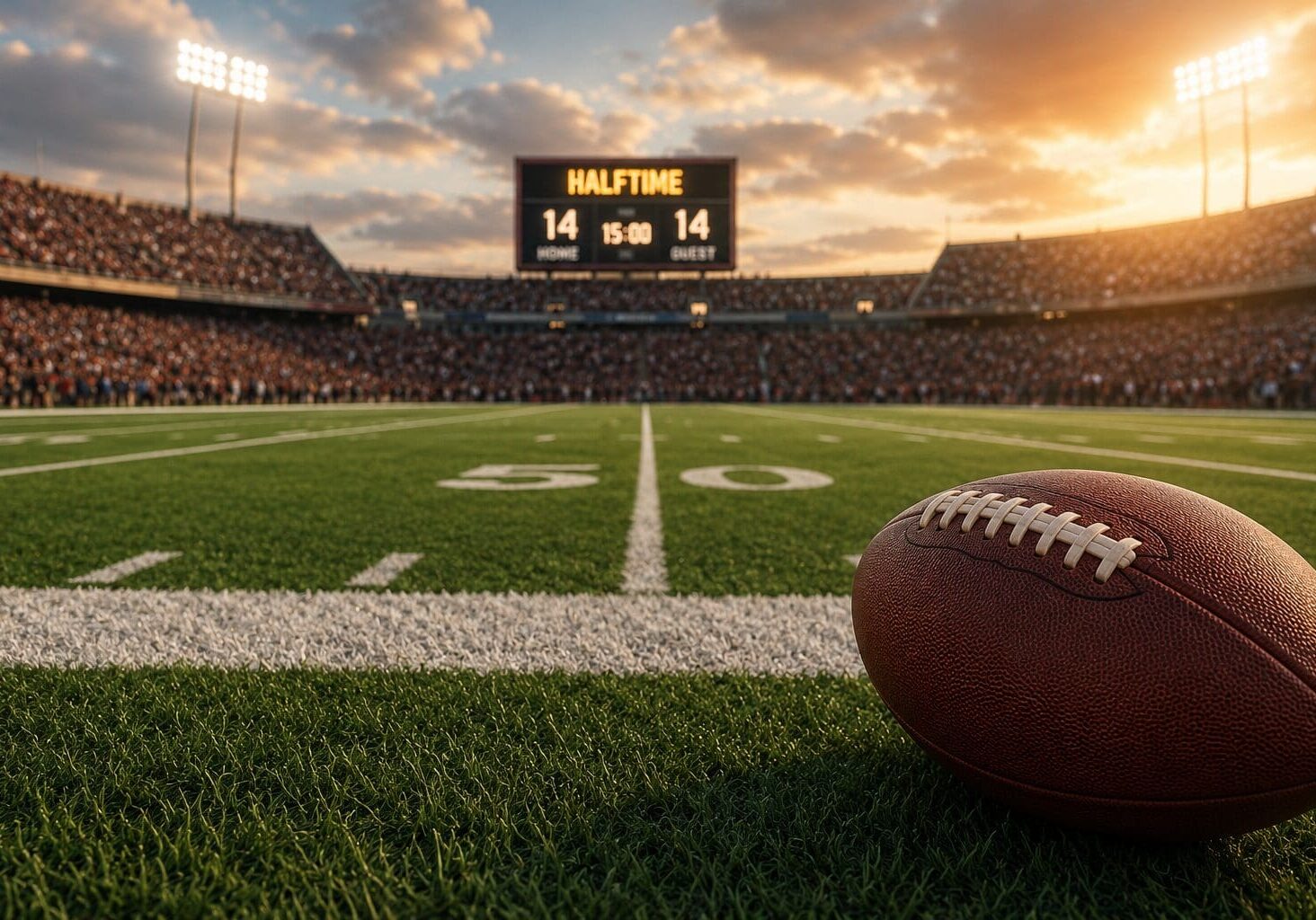 Football resting on the field at halftime in a packed stadium, symbolizing the importance of making strategic adjustments during changing conditions