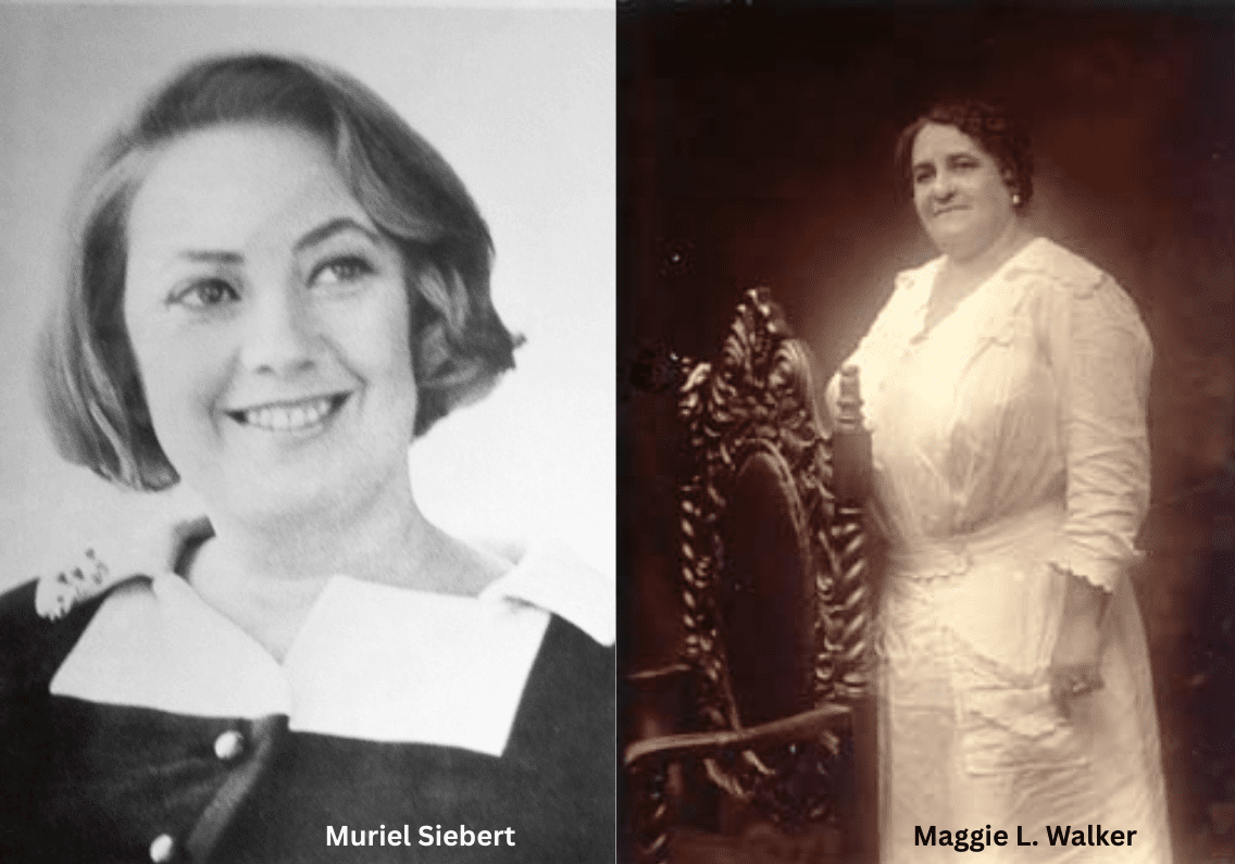 An image of Muriel Siebert (left) and Maggie L. Walker (right).