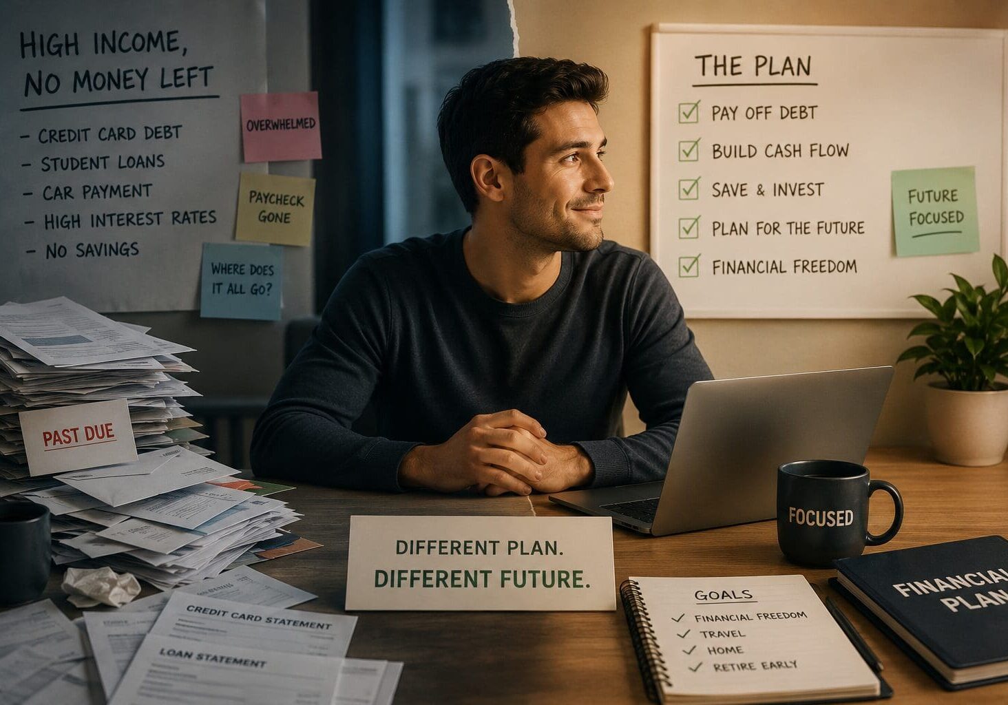 Young professional transitioning from financial stress to financial confidence with an organized financial plan and debt reduction strategy.