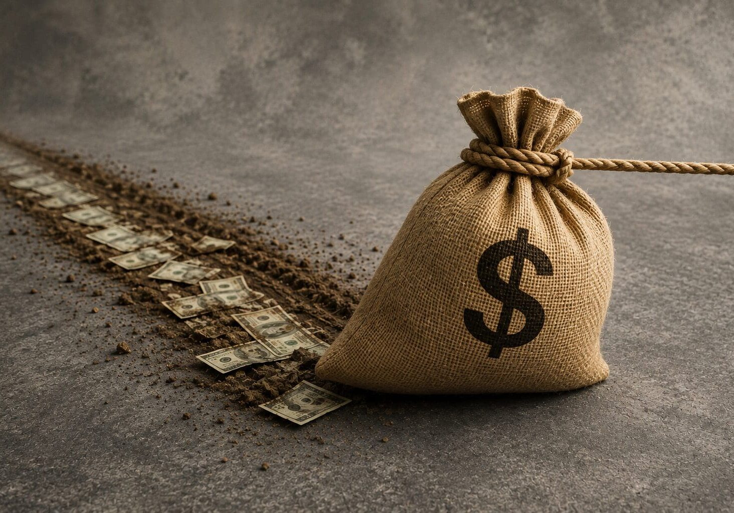 Burlap money sack with a dollar sign being dragged across the ground, leaving a trail of scattered bills behind.